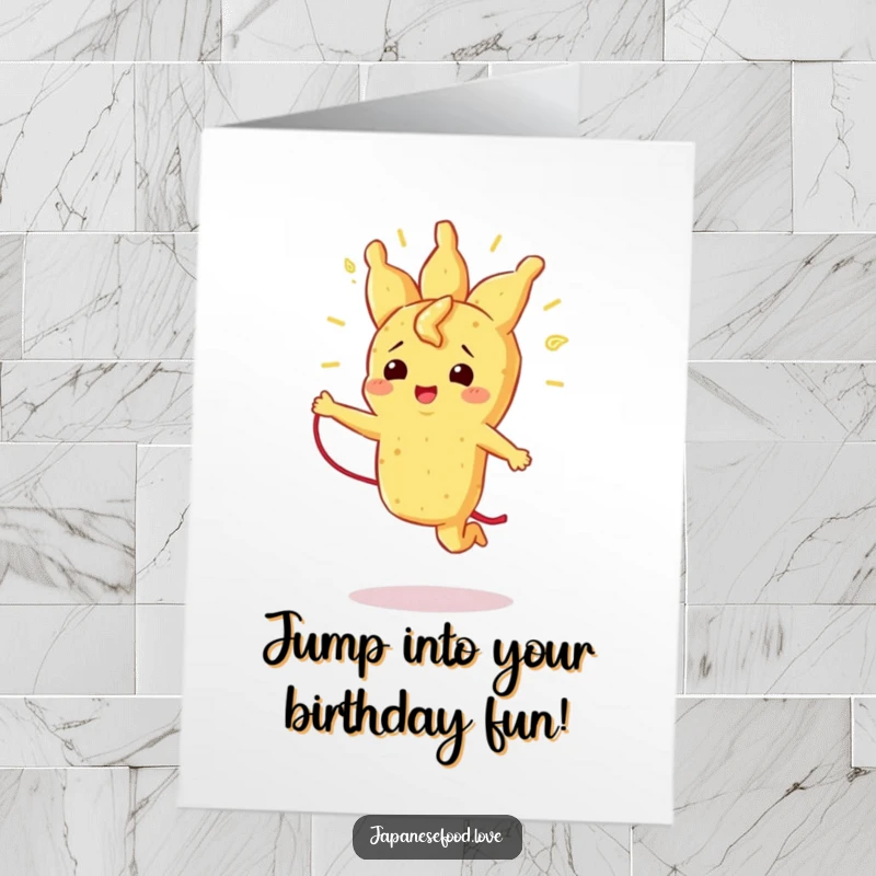 Funny Free Printable birthday card of a radiant tempura piece happily jumping rope with its own crispy strand.