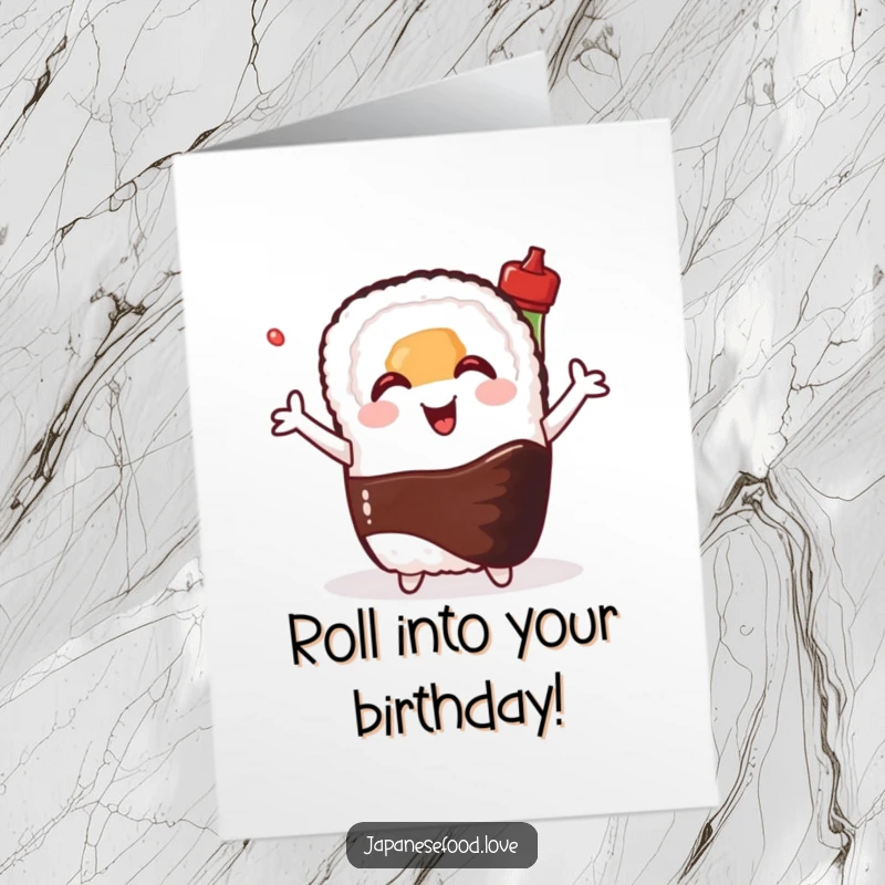 Funny Free Printable Birthday Card: Happy sushi roll with arms outstretched hugs a smiling soy sauce bottle, happy birthday!