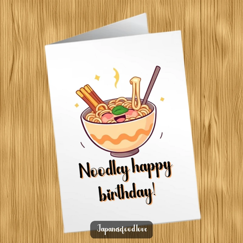 Funny Free Printable Birthday Card featuring a bouncing bowl of ramen noodles filled with glee, ready to deliver birthday wishes.