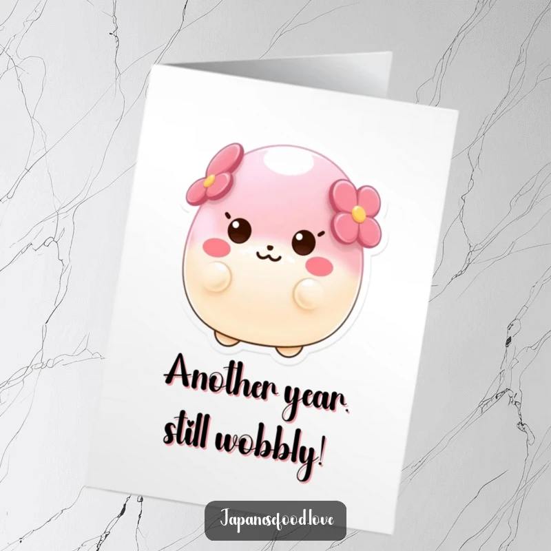 Funny Free Printable Birthday Card: A cute mochi character comically wobbling with pure, unadulterated delight and happiness.