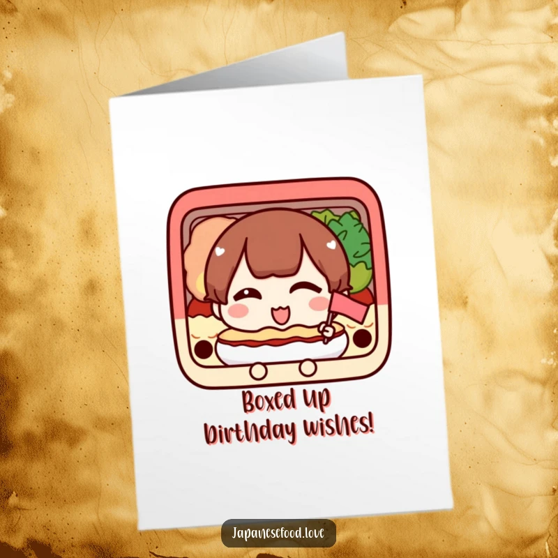 Funny Free Printable Birthday Card: A happy bento box character winking slyly and holding a tiny flag for a festive greeting.