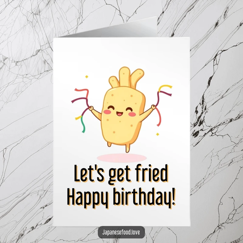 Funny Free Printable Birthday Card: Happy tempura piece dancing joyfully with colorful ribbon streamers.