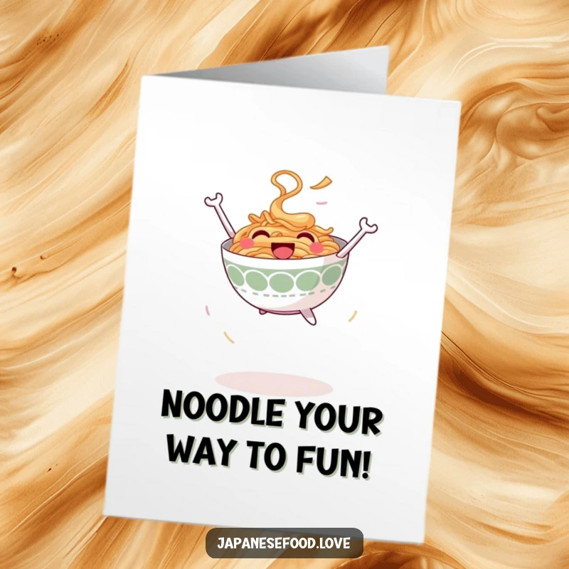 Funny Free Printable Birthday Card showing a smiling bowl of ramen noodles leaping joyfully into the air, a celebration of good times.