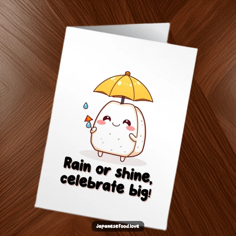 Funny Free Printable Birthday Card: Grinning onigiri shields a tiny raindrop with an umbrella, a charming and humorous DIY gift.