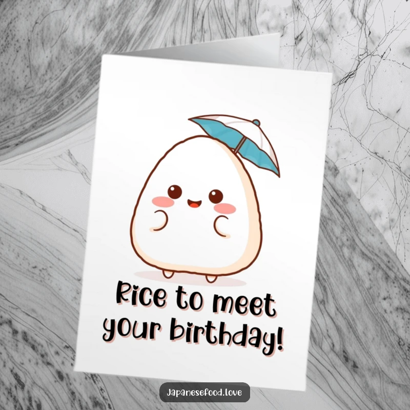 Funny Free Printable Birthday Card: a surprised onigiri with a blush, holding a tiny umbrella, ready for the occasion.