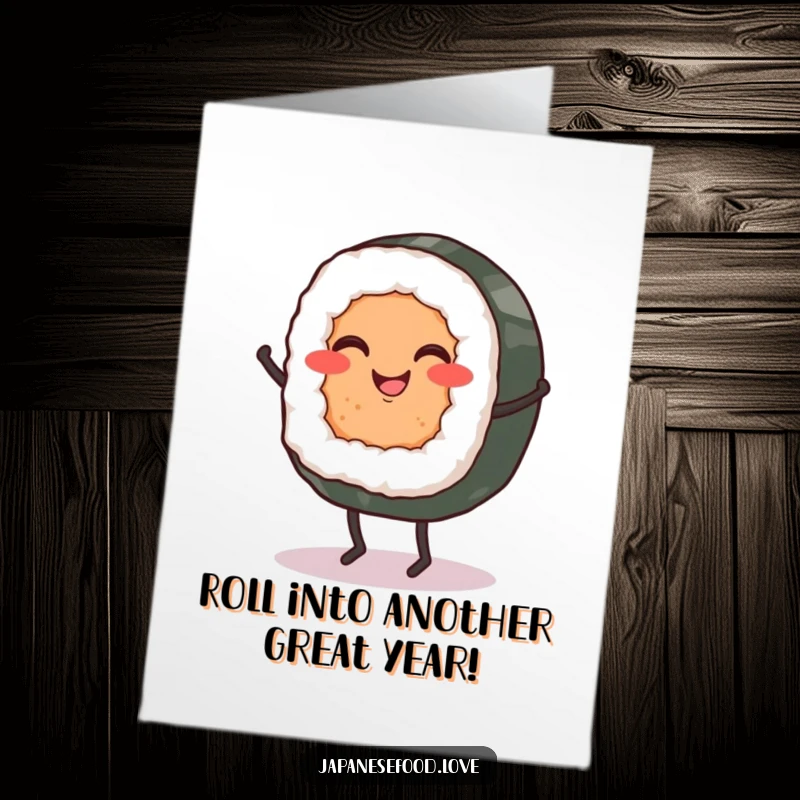 Funny Free Printable Birthday Card: Smiling sushi roll with tiny legs doing a lively jig, perfect for a food lover's birthday, downloadable.