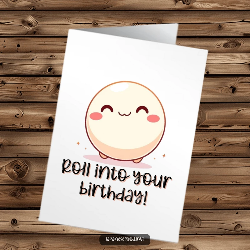 Funny Free Printable birthday card of a giddy mochi ball rolling joyfully across a surface with pure delight.