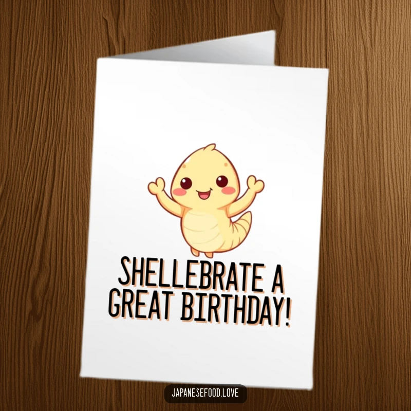 Funny Free Printable Birthday Card showing a happy tempura shrimp with tiny arms waving enthusiastically, a fun greeting.