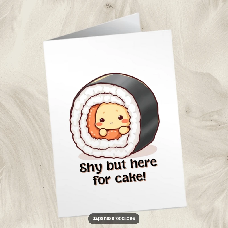 Funny Free Printable Birthday Card: Shy tempura character peeking playfully from behind a giant sushi roll, ready to surprise.