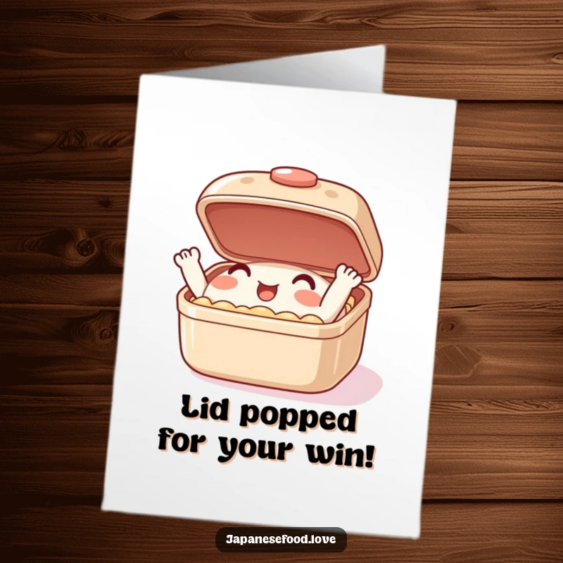 Funny Free Printable Bento Box Congratulations Card, character showing excitement with its lid, a unique downloadable celebratory art.