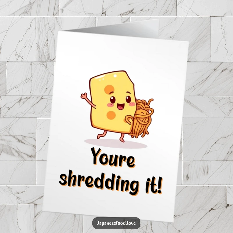 Funny Free Printable Congratulations Card: A slice of cheese with legs happily dances with a noodle friend, a unique celebratory DIY gift.