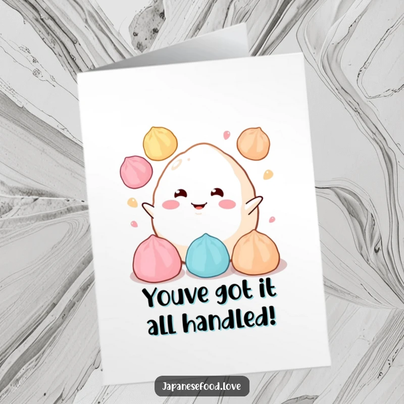 Funny Free Printable Congratulations Card showing a fluffy mochi with a cheerful grin juggling colorful dumplings, celebrating a job well done.