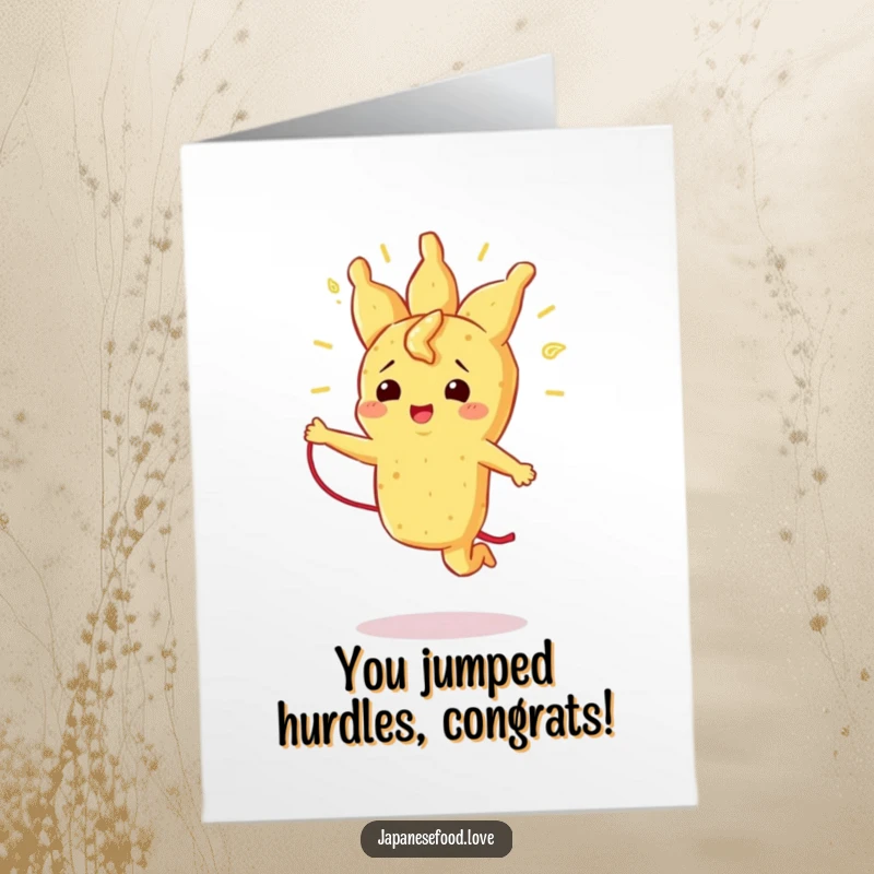 Funny Free Printable congratulations card depicting a beaming tempura piece actively jumping rope with its own strand.