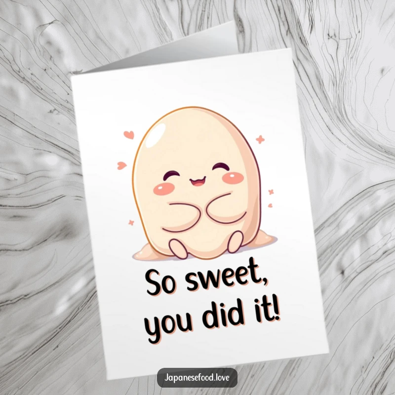 Funny Free Printable Congratulations Card: Happy sweet mochi character melting into a celebratory, gooey hug.