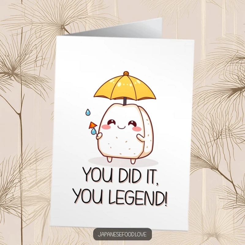 Funny Free Printable Congratulations Card: Grinning onigiri offering an umbrella to a tiny raindrop, a unique celebratory DIY gift.