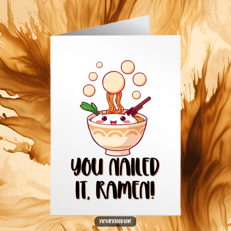 Funny Free Printable Congratulations Card: Playful ramen bowl character gleefully attempting to catch falling dango balls for a fun congrats.
