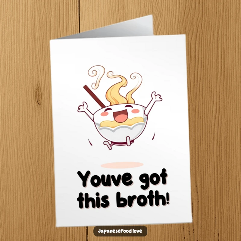 Funny Free Printable Congratulations Card: Excited ramen bowl with steam swirls performs a joyful leap, a unique celebratory DIY gift.