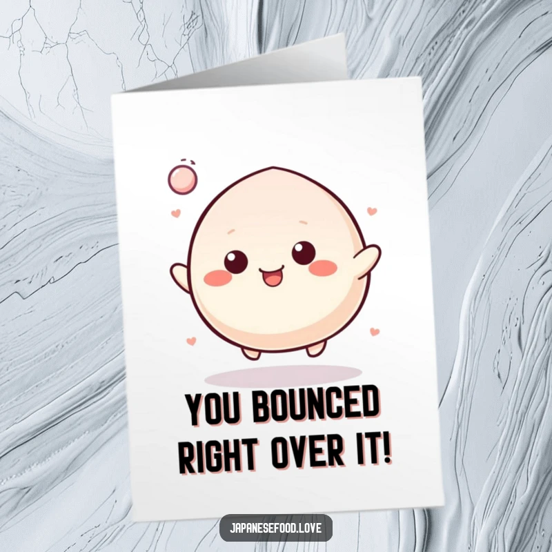 Funny Free Printable Congratulations Card showing a happy mochi character energetically bouncing like a rubber ball in celebration.