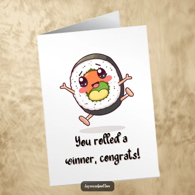 Funny Free Printable Congratulations Card of a sushi roll with googly eyes performing impressive cartwheels.