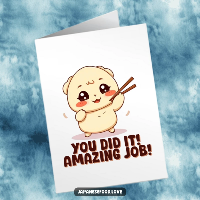 Funny Free Printable Dumpling Congratulations Card: Cheerful dumpling masterfully juggling chopsticks, celebrating success with a laugh.