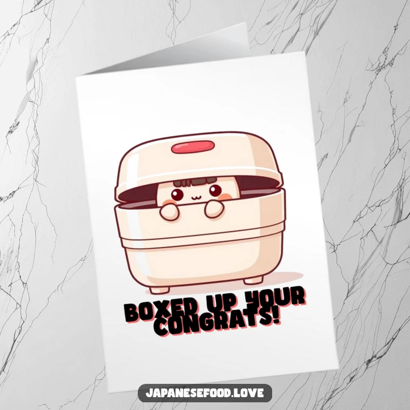 Funny Free Printable Congrats Card: A cheerful bento box peeks out curiously, offering congratulations for their big achievement.
