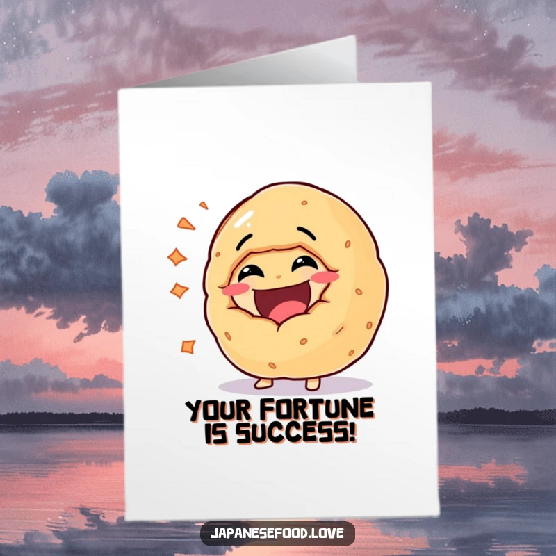 Funny free printable congratulations card: a giant fortune cookie character is overcome with hearty laughter, cheering them on.