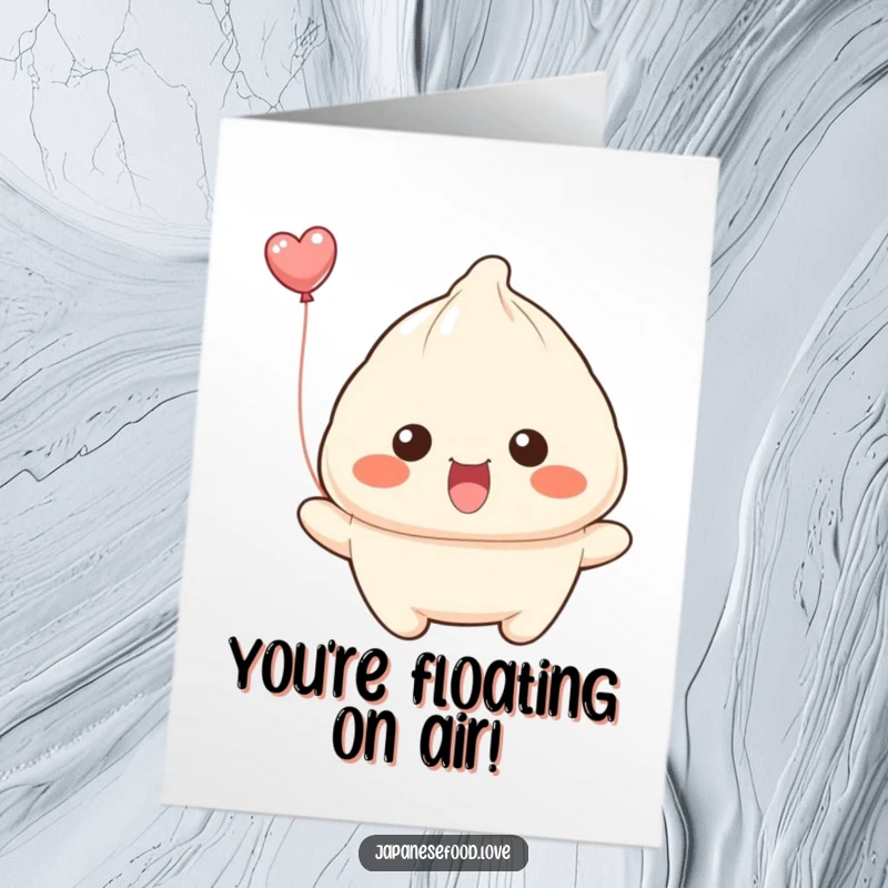 Funny Free Printable Congrats Card: A smiling dumpling attempts to float away like a balloon, celebrating your achievement.