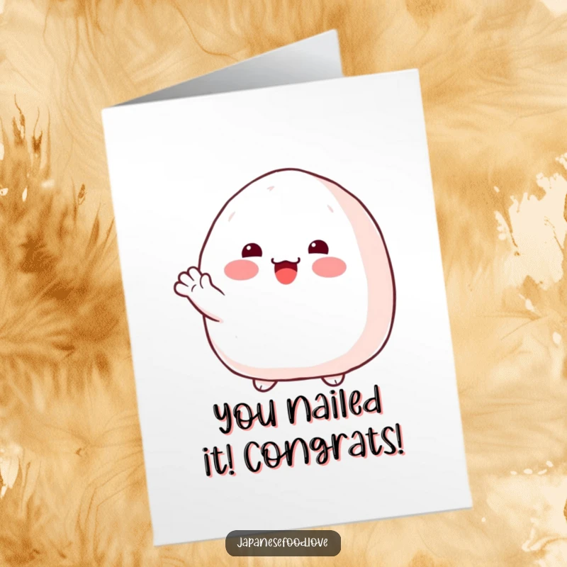 Funny Free Printable Congratulations Card of a plump onigiri with rosy cheeks offering a friendly wave. Sweet downloadable art.