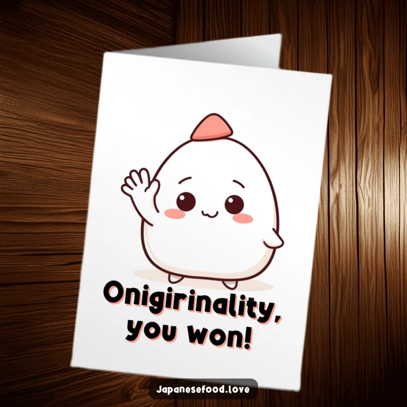 Funny Free Printable Congratulations Card: A smiling onigiri with a hat waving enthusiastically to celebrate success, downloadable and printable.