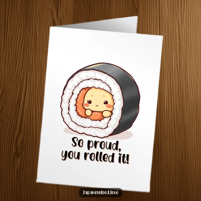 Funny Free Printable Congratulations Card: Shy tempura character peeking from behind a sushi roll, offering a subtle, humorous congrats.
