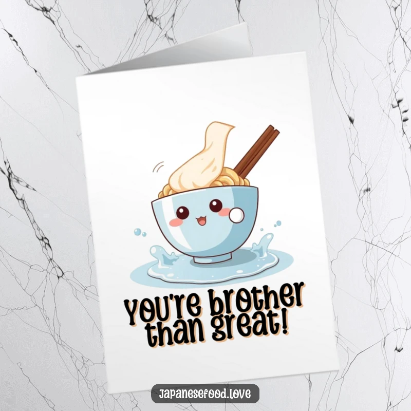 Funny Free Printable Congratulations Card: A ramen bowl character playfully splashes in a puddle, celebrating.