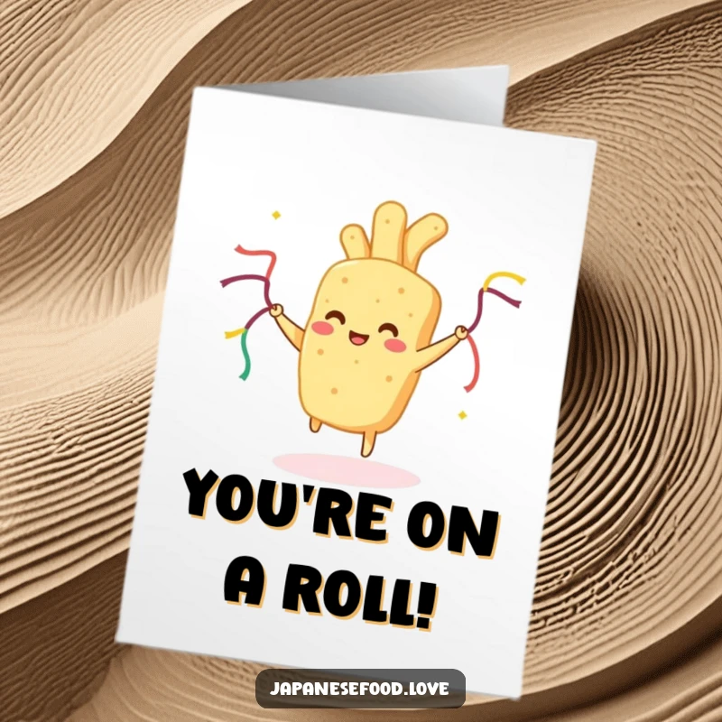 Funny Free Printable Congratulations Card: Happy tempura piece dancing with streamers, celebrating a joyous occasion.