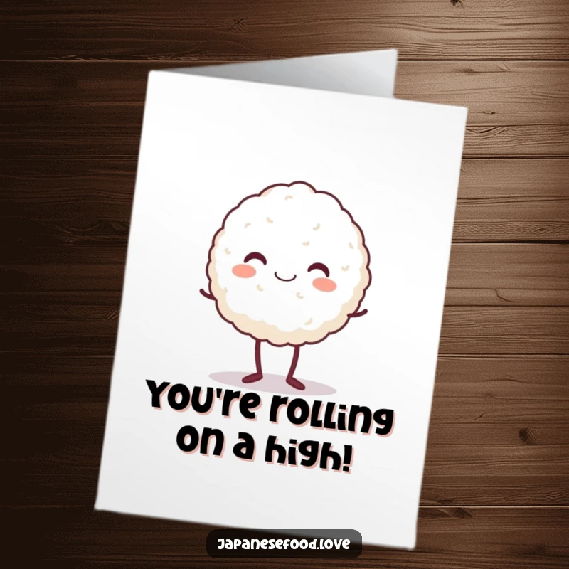 Funny Free Printable Congratulations Card: A beaming rice ball character stands on tiptoe, celebrating a big win.