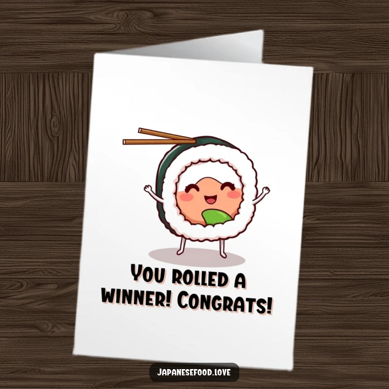Funny Free Printable Congratulations Card featuring a smiling sushi roll with tiny legs juggling chopsticks expertly. Whimsical downloadable art.