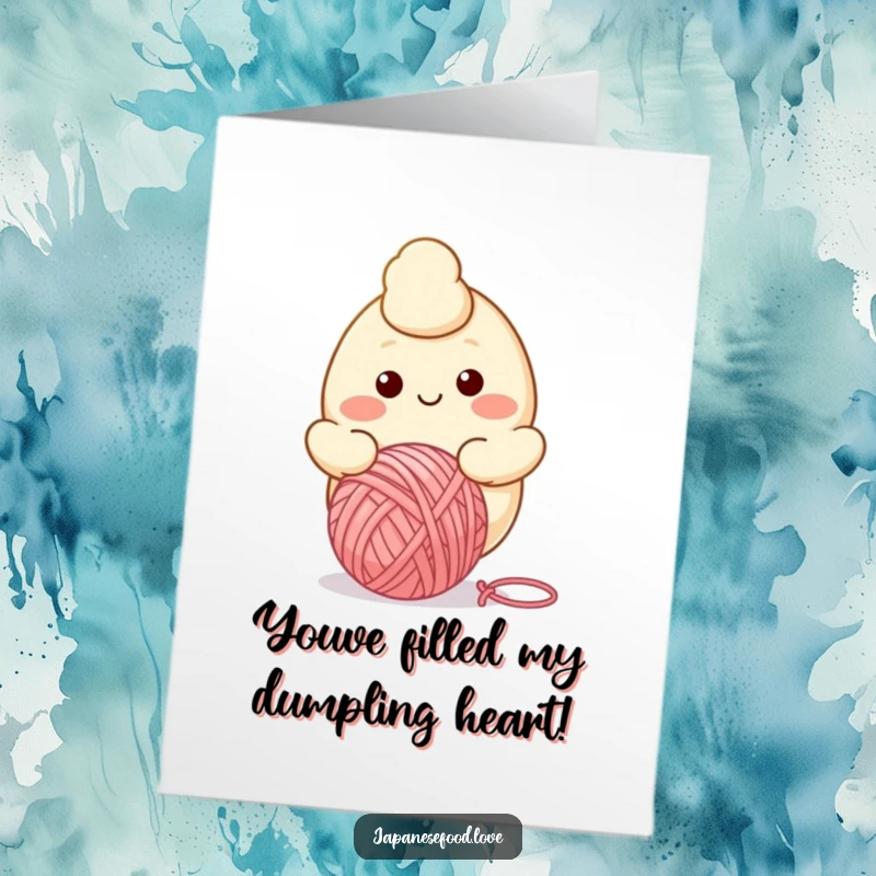 Funny Free Printable Congratulations Card of a smiling dumpling character enthusiastically bouncing a yarn ball.