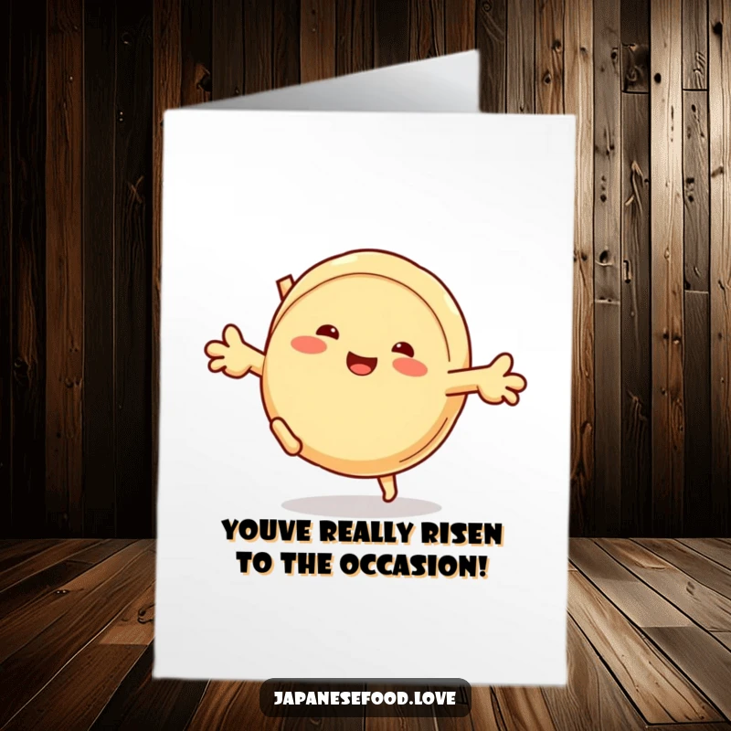 Funny Free Printable Congratulations Card: A grinning steamed bun doing a cartwheel, symbolizing energetic good wishes.
