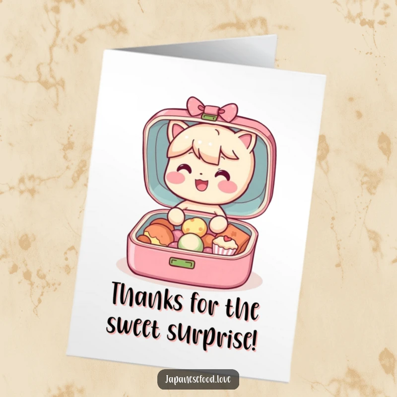 Funny Free Printable Bento Box Thank You Card: Adorable character presenting small, delightful treats as a token of thanks.