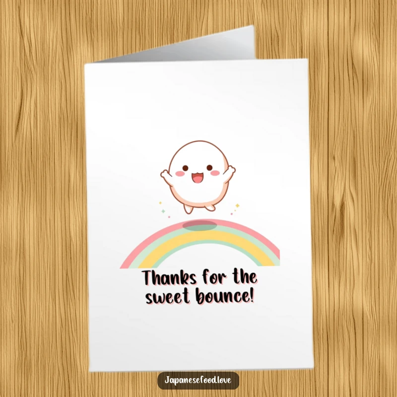 Funny Free Printable Mochi Thank You Card, happy mochi character bouncing on a rainbow, a cute and colorful downloadable art.