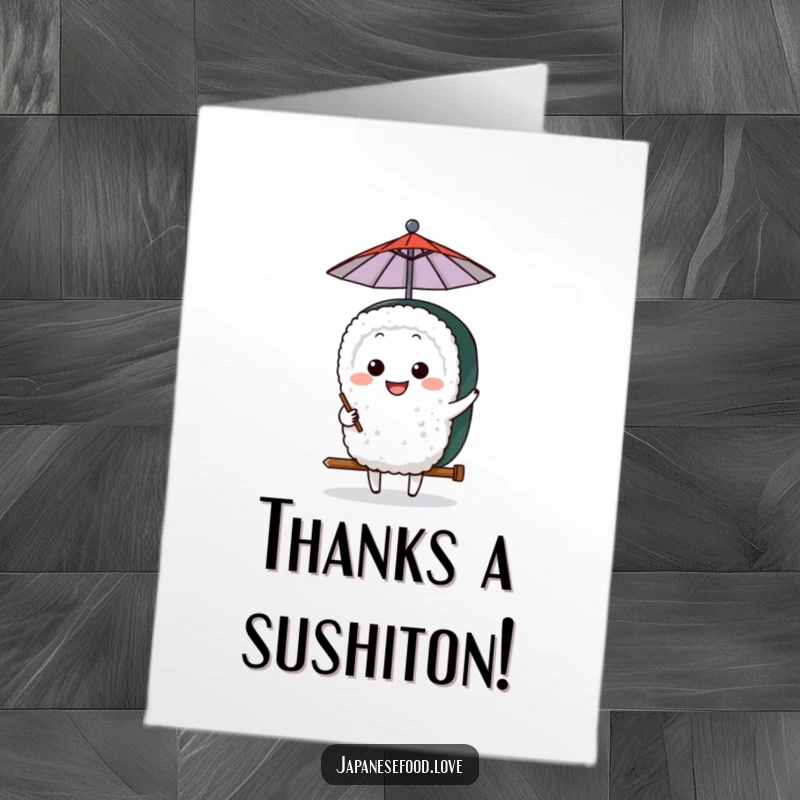 Funny Free Printable Sushi Thank You Card: A happy sushi character with an umbrella, conveying thanks stylishly.