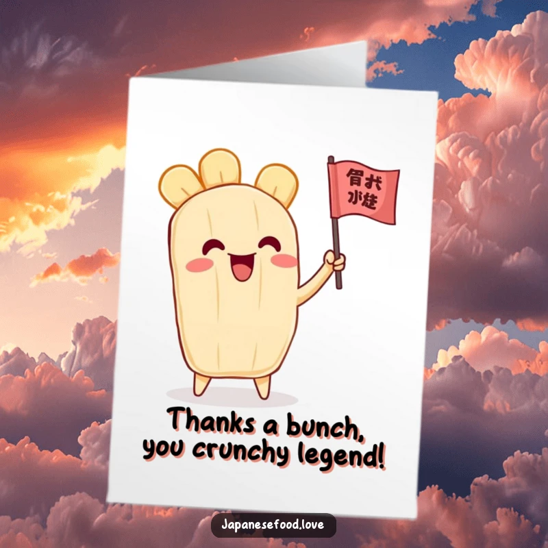 Funny Free Printable Thank You Card: A beaming tempura character proudly waves a small flag in gratitude.