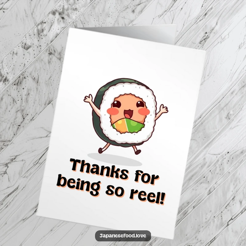 Funny Free Printable Thank You Card featuring a sushi roll with tiny legs dancing a jig, a delightful expression of gratitude.