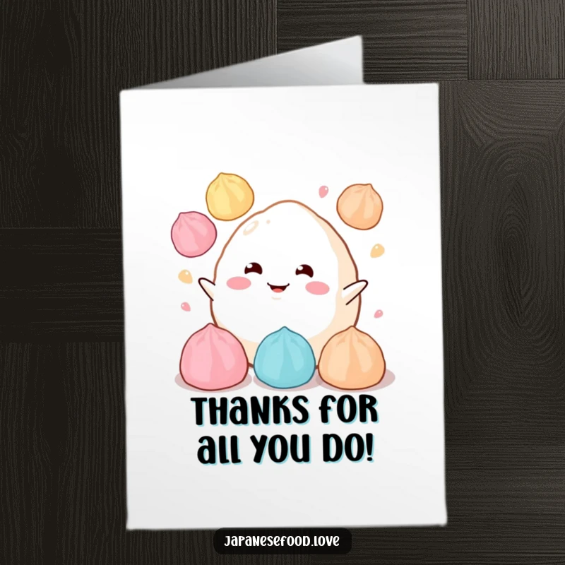Funny Free Printable Thank You Card featuring a fluffy mochi with a cheerful grin juggling colorful dumplings, a sweet thank you.