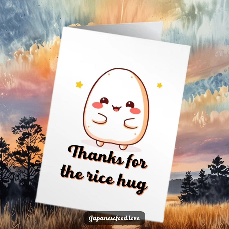 Funny Free Printable Thank You Card where a cheerful onigiri character offers a warm, loving embrace in gratitude.