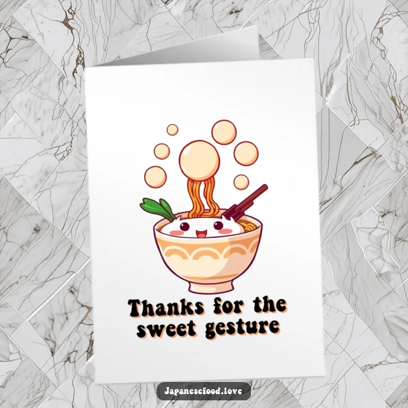 Funny Free Printable Thank You Card: Playful ramen bowl character happily catching dango balls, sending a cute thank you.
