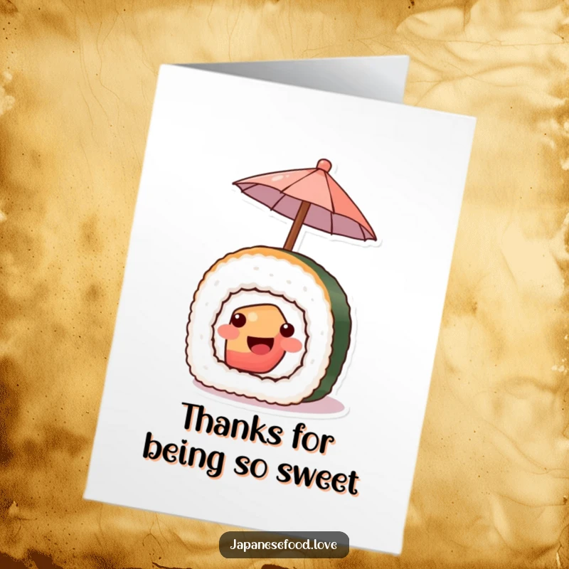Funny Free Printable Thank You Card: A smiling piece of sushi holding aloft a small umbrella.