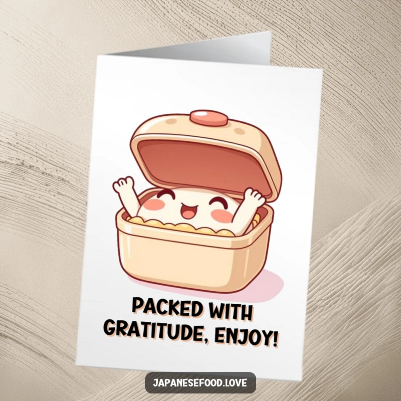 Funny Free Printable Bento Box Thank You Card, cheerful character expressing gratitude with its open lid, a cute food-themed printable.