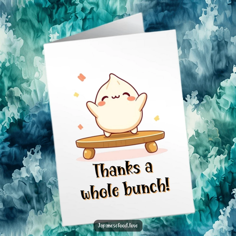 Funny Free Printable Thank You Card: A playful dumpling character bounces like a ball on a table, perfect for thanks. Downloadable.