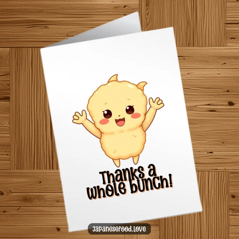 Funny Free Printable Thank You Card: A piece of tempura with little arms waves a happy thank you.