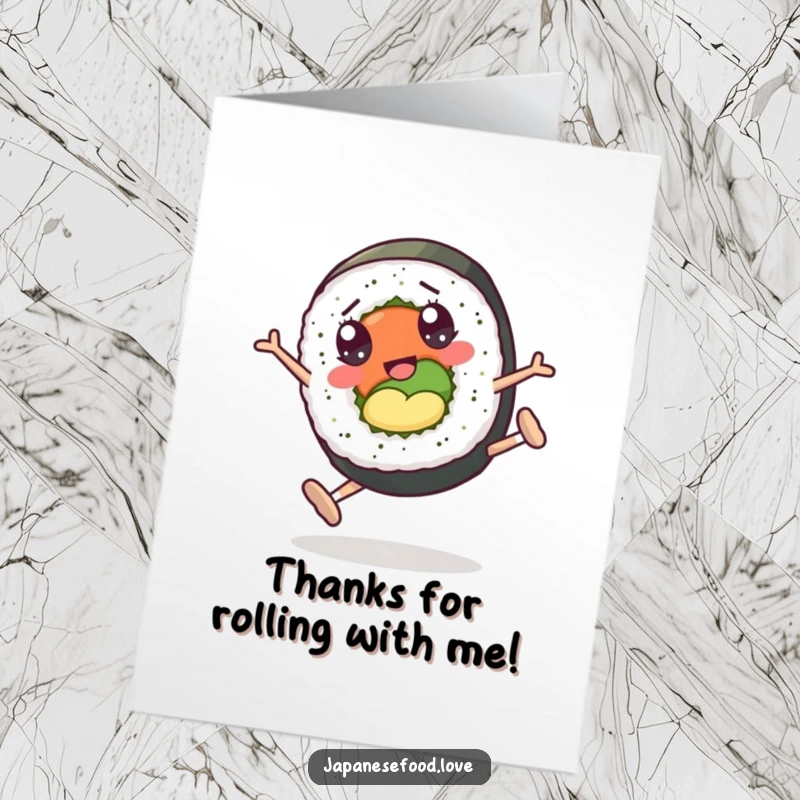 Funny Free Printable Thank You Card depicting a sushi roll with googly eyes doing playful cartwheels.