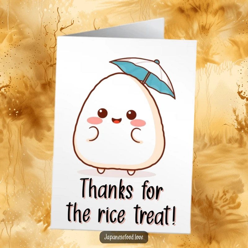 Funny Free Printable Thank You Card: a surprised onigiri with a blush, holding a tiny umbrella, conveying thanks cutely.